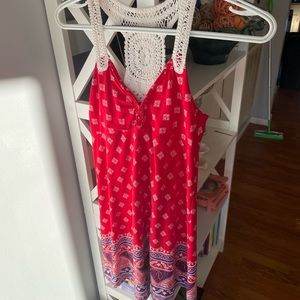 Short red dress with paisley print on bottom